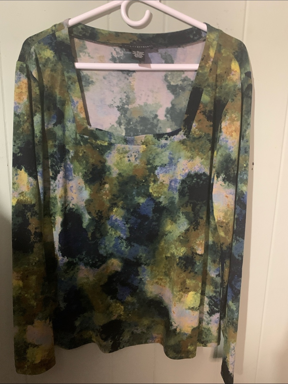 Grace Elements Multicolor Square-Neck Long Sleeve Print Top — Green/Blue/Yellow